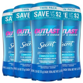 Secret Outlast Antiperspirant Deodorant for Women, 72hr Sweat & Odor Protection, PH Balancing Minerals, Invisible Solid, Completely Clean Scent, 2.6 oz (Pack of 4)