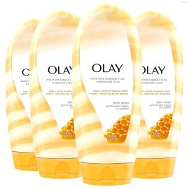 Olay Body Wash for Women, Moisture Ribbons Plus, Deep Conditioning & Moisturizing Formula, Long Lasting Smooth Soft Skin, For All Skin Types, Shea Butter & Manuka Honey Scent, 18 fl oz (Pack of 4)
