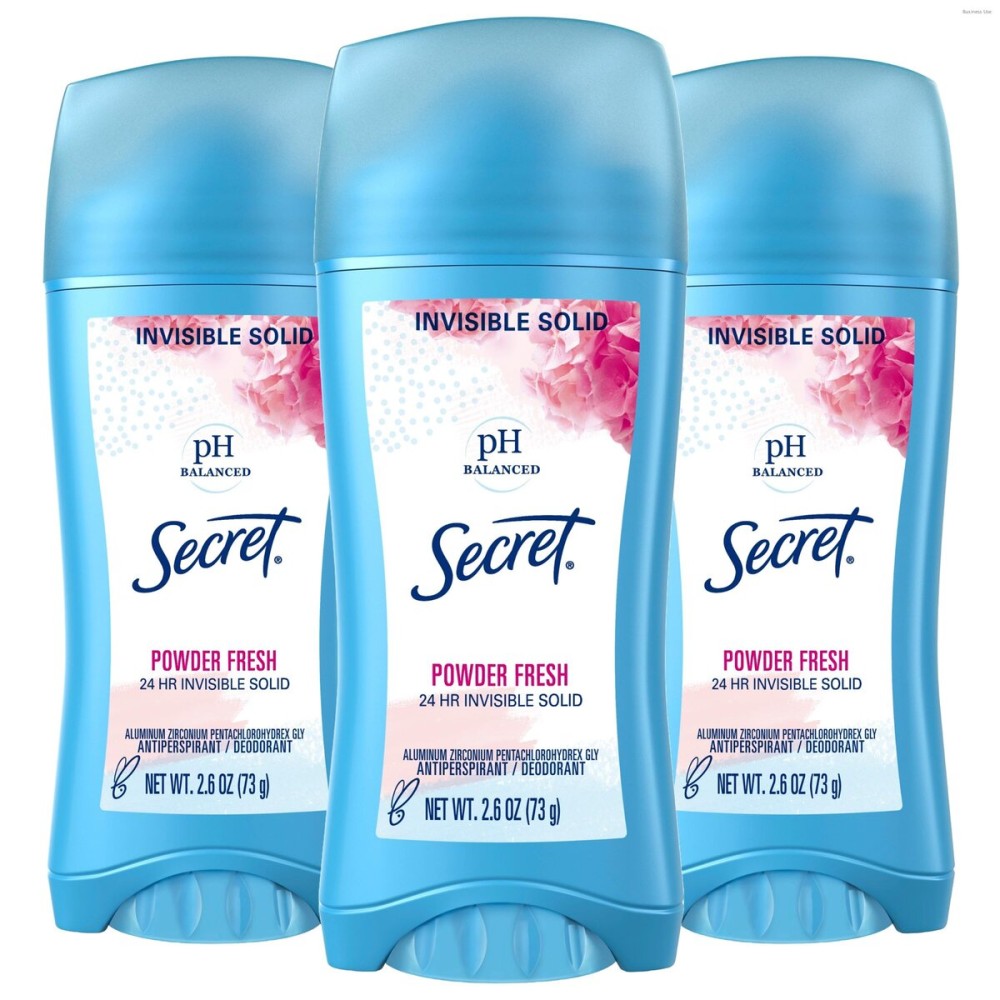 Secret Antiperspirant and Deodorant for Women, 24hr Sweat & Odor Protection, PH Balanced Protection, Gentle on Skin, Invisible Solid, Powder Fresh Scent, 2.6 oz (Pack of 3)