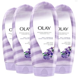 Olay Body Wash for Women, Moisture Ribbons Plus, Deep Conditioning & Moisturizing Formula, Long Lasting Smooth Soft Skin, For All Skin Types, Shea Butter & Lavender Oil Scent, 18 fl oz (Pack of 4)