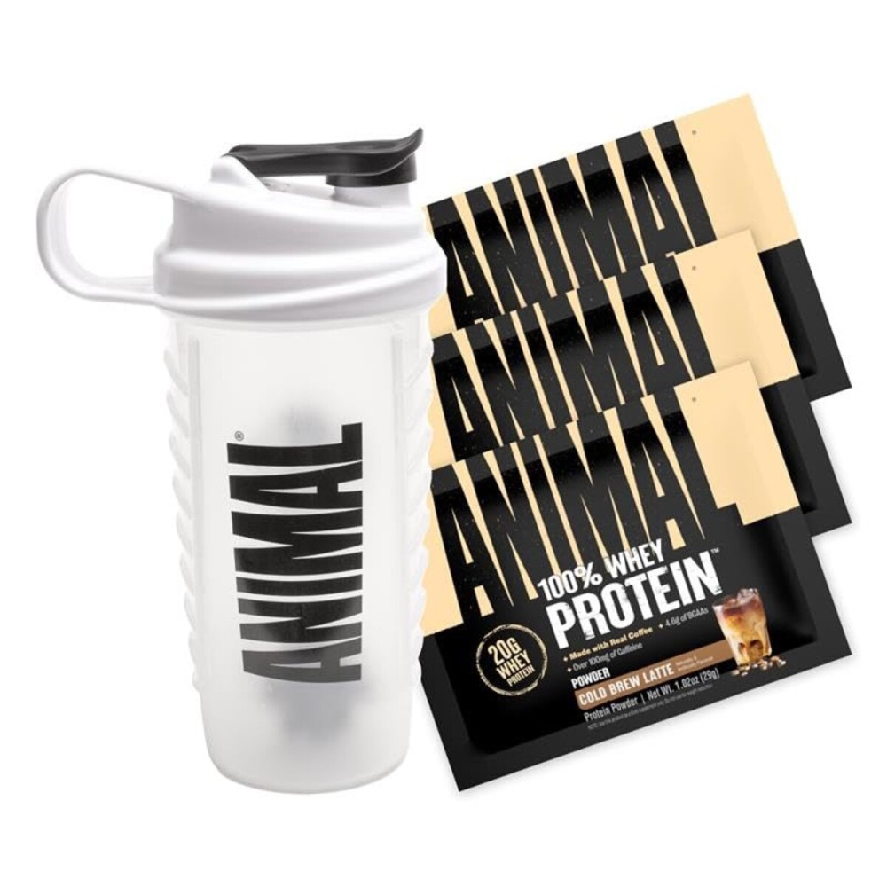 Animal 100% Whey Protein Powder Samples & Shaker Bottle - Real Instant Iced Coffee Whey + 20g of Protein, 120mg of Caffeine Meal Replacement with BCAA - Cold Brew Latte, 3 Single-Serving Packets