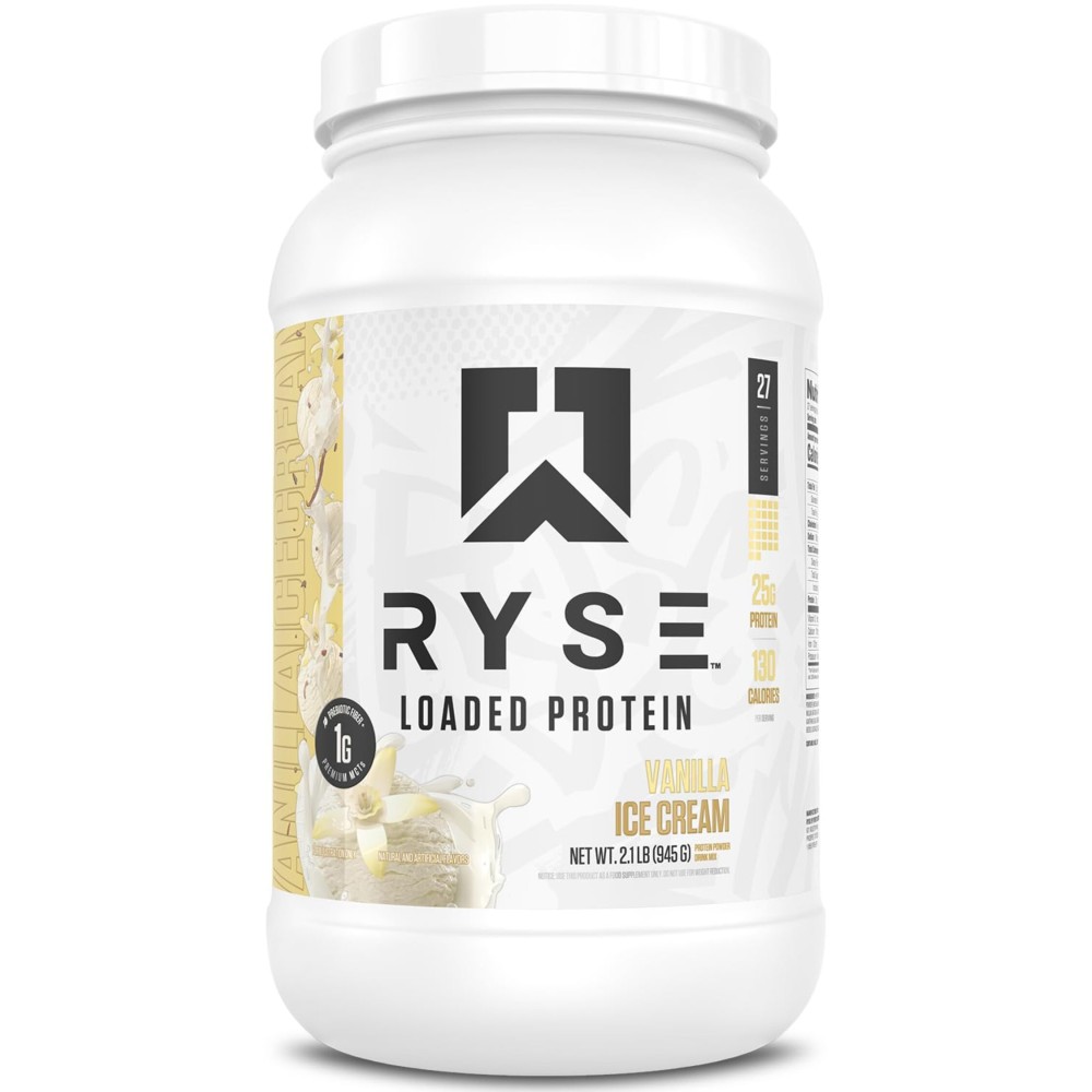 RYSE Loaded Protein Powder - Vanilla Ice Cream - 25g Whey Protein Isolate & Concentrate with Prebiotic Fiber & MCTs - Low Carb, Low Sugar, Digestive-Friendly - 27 Servings / 2 lb Tub