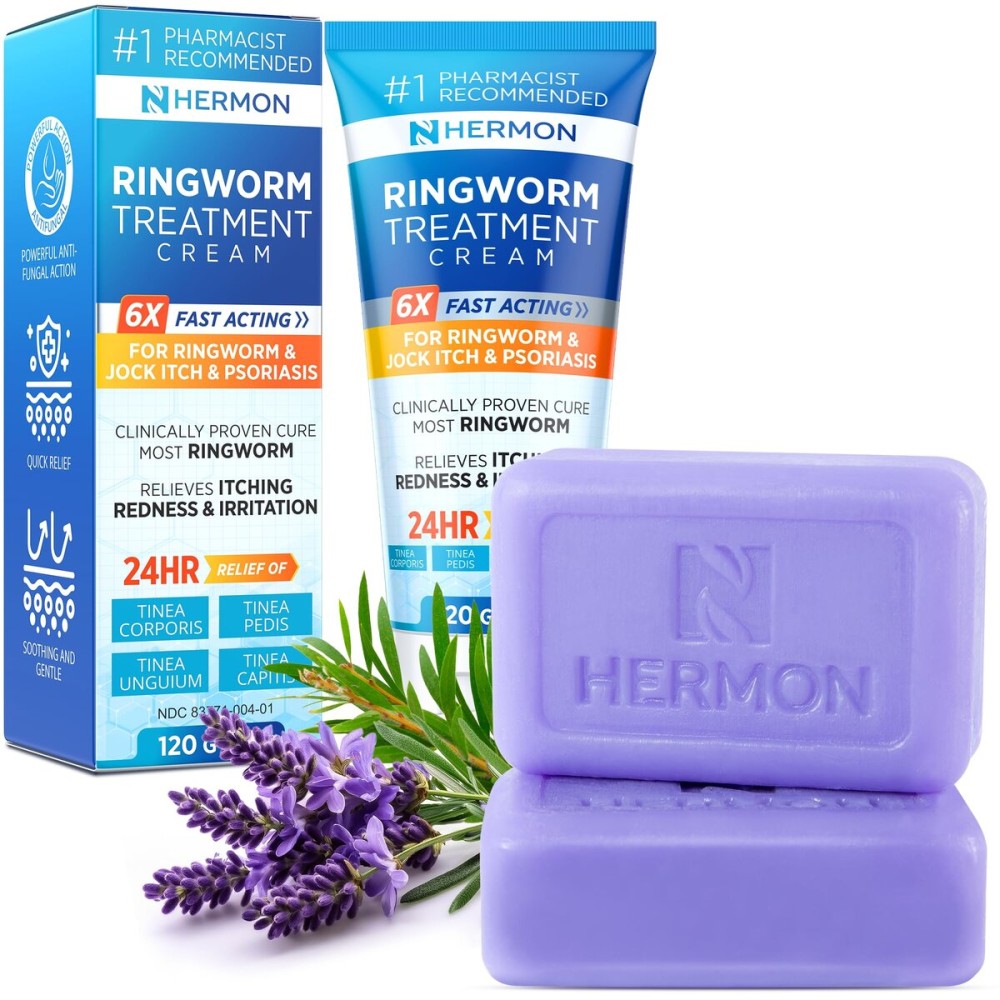 Hermon Powerful Antifungal Ringworm Cream - Effective Treatment for Stubborn Ringworm, Jock Itch, Eczema, Tinea Versicolor, Athlete\'s Foot - for Adults and Kids - 100ml (Cream + 2 Bars-Lavender)
