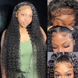 JTMMP 28 Inch 13x6 Deep Wave Lace Front Wigs Human Hair HD Full Lace Frontal Wigs Pre Plucked Bleached Knots 200% Density Deep Curly Human Hair Wig Natural Color