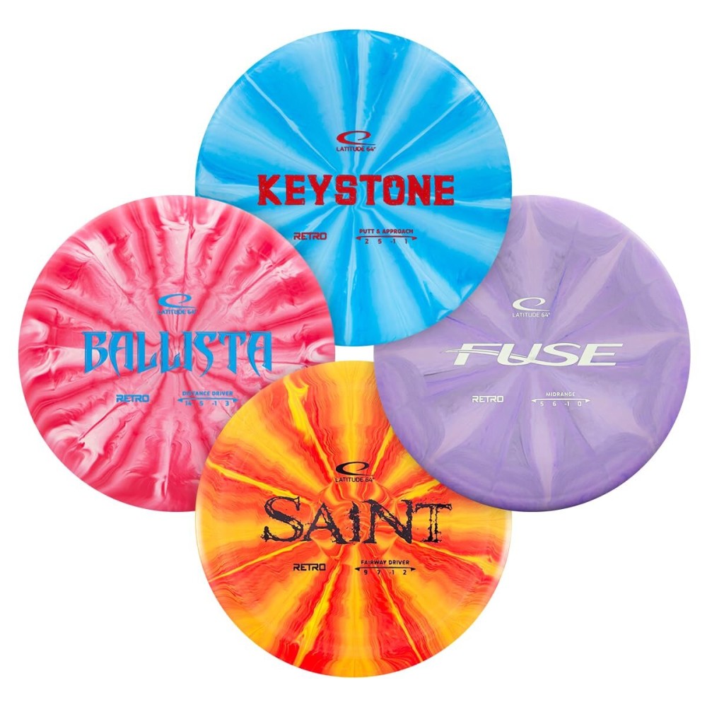 Latitude 64 Retro Burst Disc Golf Starter Set (4-Pack) - Disc Golf Discs Set for New to Intermediate Players | Includes Keystone, Fuse, Saint, Ballista | Grippy Base Plastic | Colors Vary