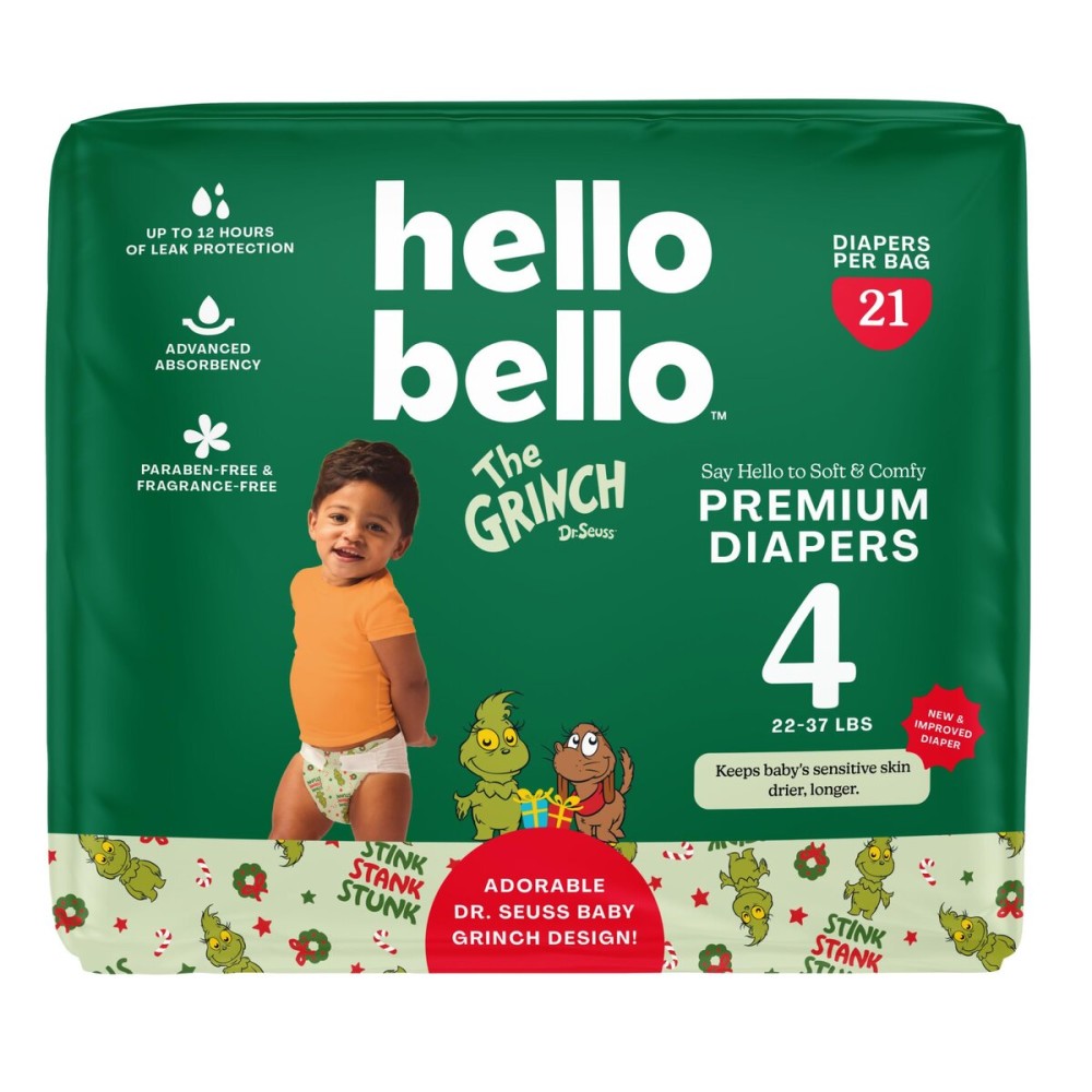 Hello Bello Diapers, Size 4 (22-37 lbs) Dr. Seuss Baby Grinch - 21 Count of Premium Disposable Baby Diapers, Hypoallergenic with Soft, Cloth-Like Feel