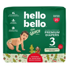 Hello Bello Diapers, Size 3 (14-24 lbs) Dr. Seuss Baby Grinch - 25 Count of Premium Disposable Baby Diapers, Hypoallergenic with Soft, Cloth-Like Feel
