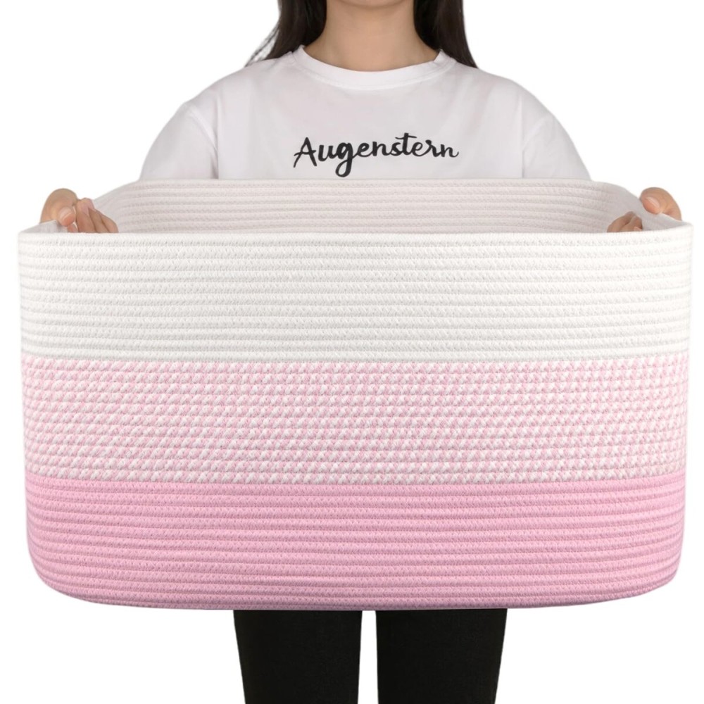 OIAHOMY Large Blanket Basket, 22x17x12 Rectangle Woven Baskets, Nursery Blanket Storage Living Room, Toy Storage with Handle, Large Baskets for Organizing - Pink/White