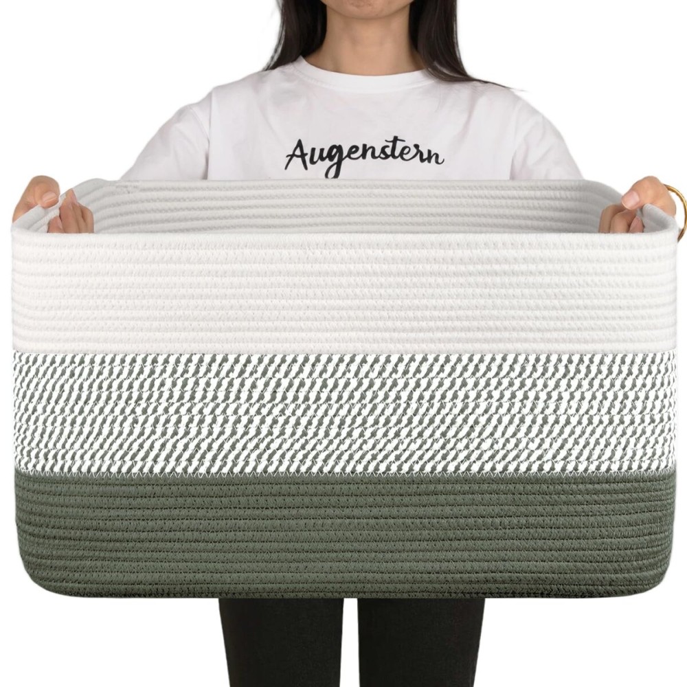 OIAHOMY Large Blanket Basket, 22x17x12 Rectangle Woven Baskets, Nursery Blanket Storage Living Room, Toy Storage With Handle, Large Baskets for Organizing-Green/White