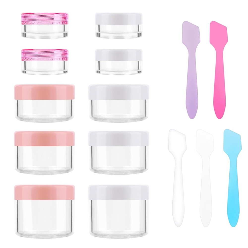 Accmor 10 Pieces Makeup Travel Containers with Lids 3/5/10/15/20 Gram Size Cosmetic Jars with 5 Pieces Mini Spatulas for Gift, Makeup Sample Container(White & Pink)