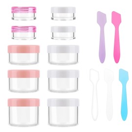 Accmor 10 Pieces Makeup Travel Containers with Lids 3/5/10/15/20 Gram Size Cosmetic Jars with 5 Pieces Mini Spatulas for Gift, Makeup Sample Container(White & Pink)