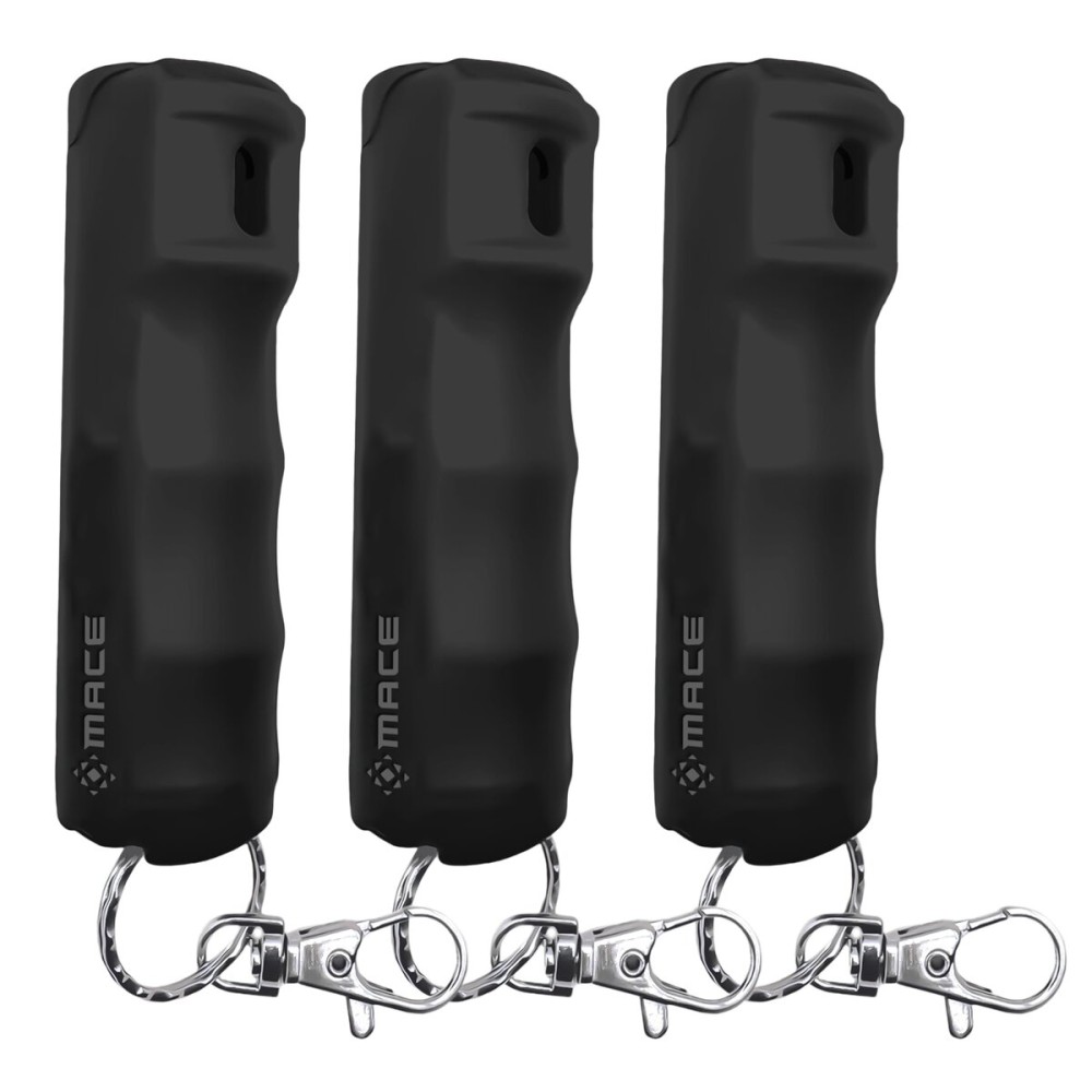 Mace Pepper Spray - 3-Pack Hard Case Model, 0.42 oz, 12 Feet Range, Max Strength 10% OC, Long Lasting UV Dye, Flip Top Safety Cap, Self Defense Pepper Spray Keychain for Women & Men - Black