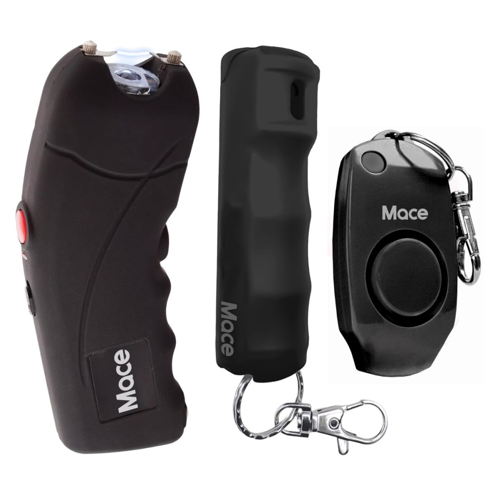 Mace Personal Safety Kit - Mace Pepper Spray (0.42 oz), Rechargeable Ergo Stun Gun with Bright LED Light, 130dB Personal Safety Alarm with Built-in Whistle, Self Defense for Women & Men - Black