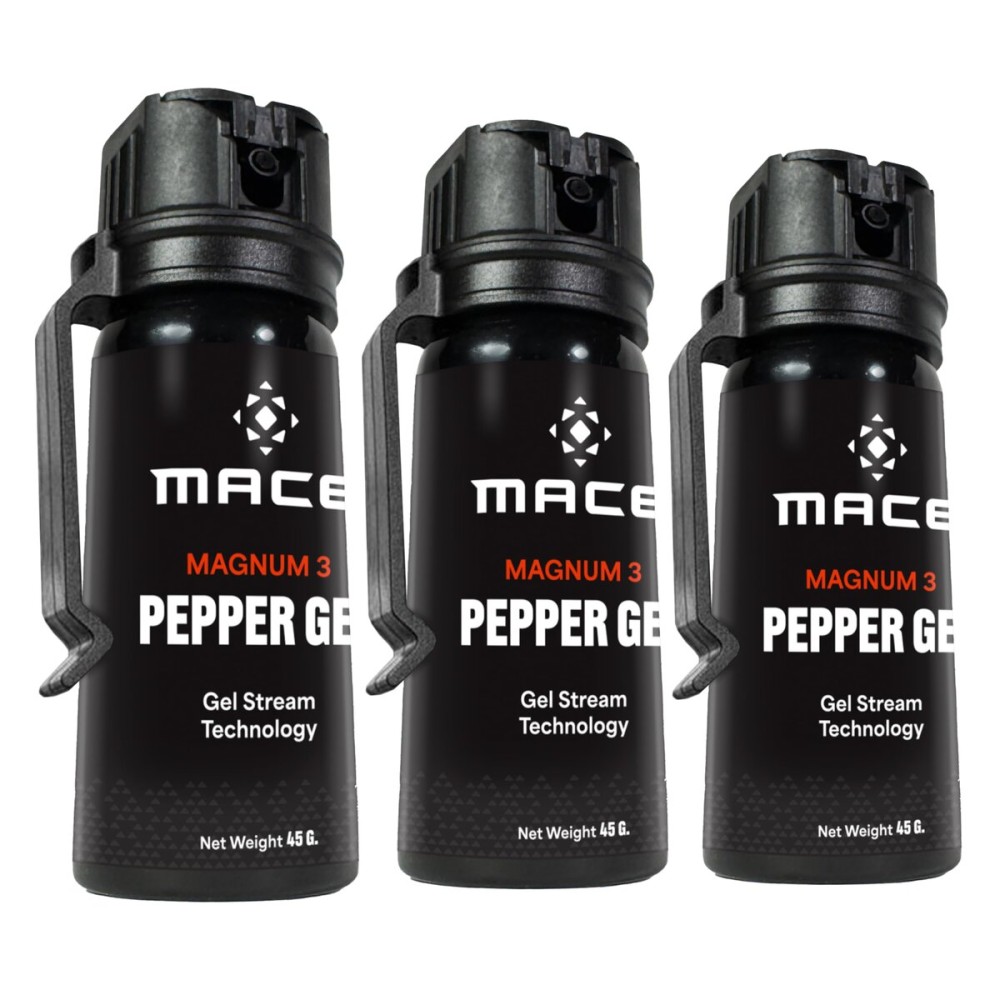 Mace Pepper Gel - 3-Pack Magnum 3, 1.59 oz, 20 Feet Range, No Wind Blowback, Max Strength 10% OC, Long Lasting UV Dye, Flip Top Safety Cap, Self Defense Pepper Spray Gel for Women & Men - Black