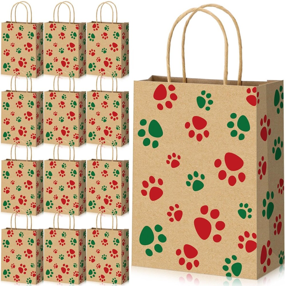 Blulu 20 Pcs Puppy Dog Paw Gift Bags with Paper Twist Handles, Dog Gift Paper Paw Treat Goodie Bags for PET Treat Party Favor, 6.3 x 3.1 x 8.6 Inch (Kraft Backing, Red Green Paws)