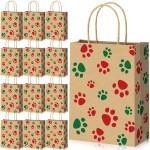 Blulu 20 Pcs Puppy Dog Paw Gift Bags with Paper Twist Handles, Dog Gift Paper Paw Treat Goodie Bags for PET Treat Party Favor, 6.3 x 3.1 x 8.6 Inch (Kraft Backing, Red Green Paws)