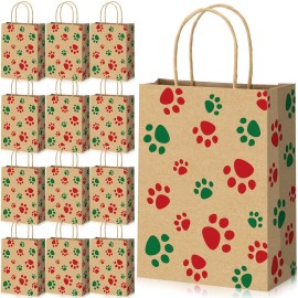 Blulu 20 Pcs Puppy Dog Paw Gift Bags with Paper Twist Handles, Dog Gift Paper Paw Treat Goodie Bags for PET Treat Party Favor, 6.3 x 3.1 x 8.6 Inch (Kraft Backing, Red Green Paws)