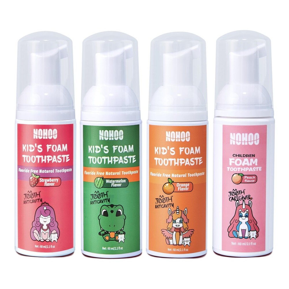 NOHOO Fluoride Free Foam Toothpaste Kids Fruit Flavour,Natural Training Toothpaste for Baby Toddler Children Oral Cleaning and Cavity Protection Strawberry Orange Peach Watermelon