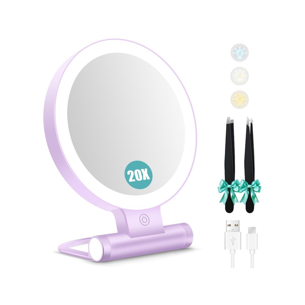 B Beauty Planet Magnifying Mirror with Light 30X, Double-Sided 1X/30X Magnifying Makeup Mirror with Tweezer, 2000mAh 3 Colour Modes with Adjustable Brightness,Foldable Travel Mirror(Purple)