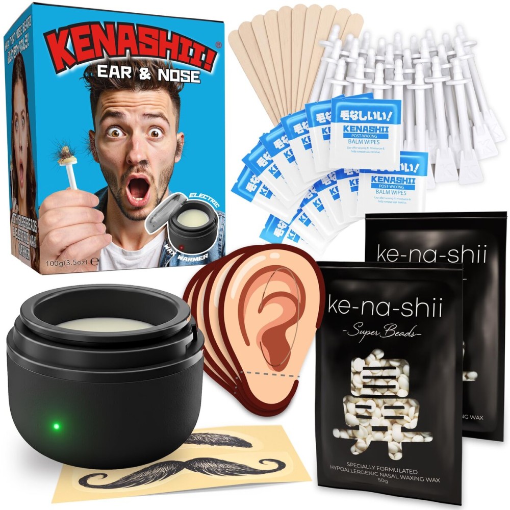 Kenashii Ear & Nose Waxing Kit, Wax Warmer Set, 100g Wax, 24 Professional Applicators, No Microwave Required, Effective Nose and Ear Hair Removal For Men and Women, 12 Balm Wipes, Storage Bag