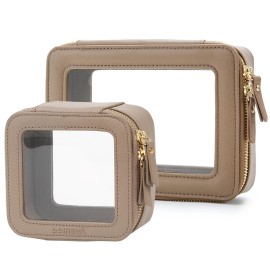 Aveniee Clear Makeup Bag Set (2-Piece Mini & Midi) - Travel Toiletry Organizer for Women, Waterproof Cosmetic Pouch & Car Accessory for Travel Size Toiletries, Taupe