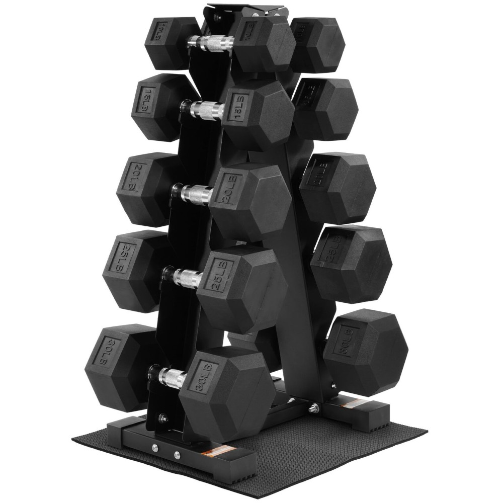 Fitvids Rubber Coated Hex Dumbbell Weight Set and Storage Rack, 200 LBS