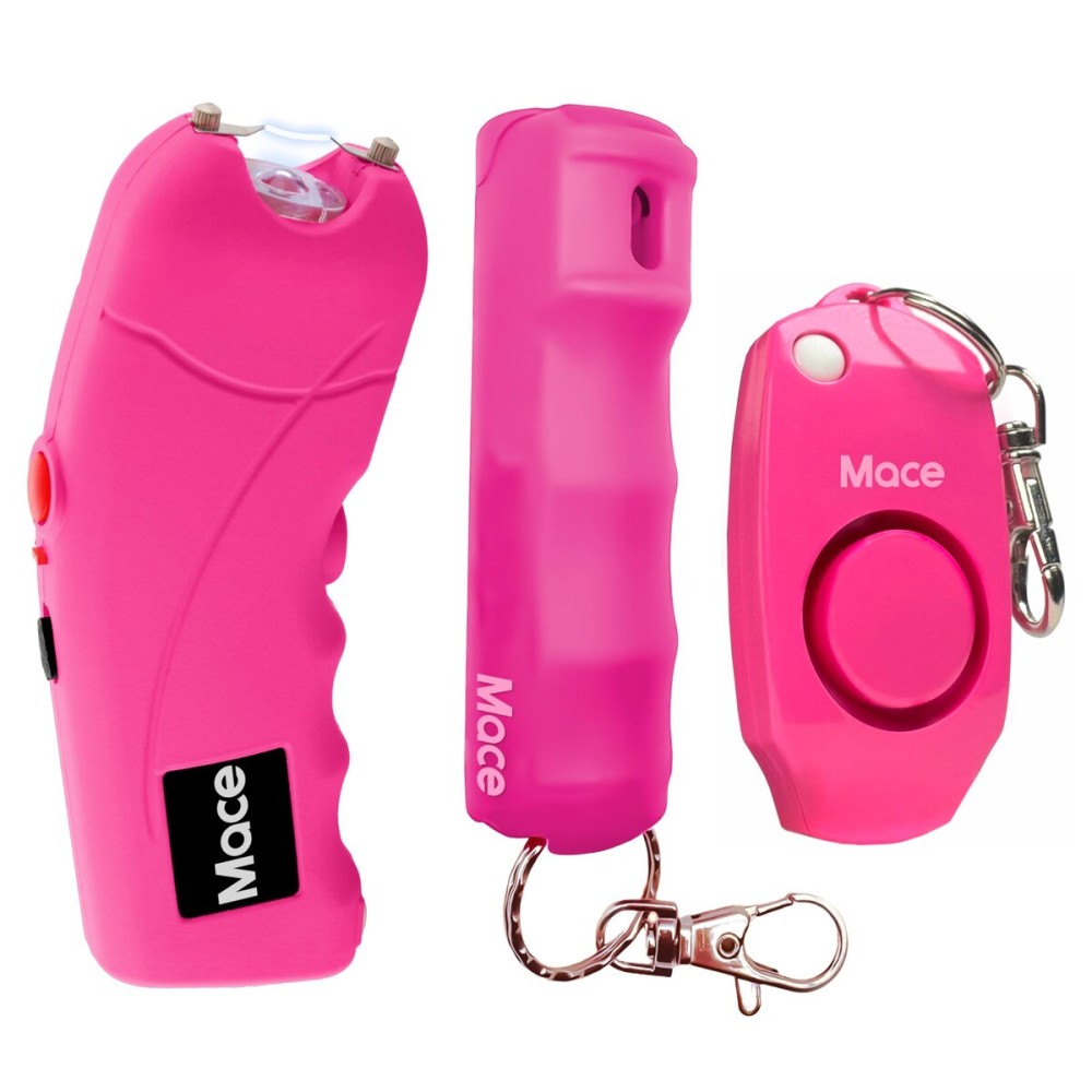 Mace Personal Safety Kit - Mace Pepper Spray (0.42 oz), Rechargeable Ergo Stun Gun with Bright LED Light, 130dB Personal Safety Alarm with Built-in Whistle, Self Defense for Women & Men - Pink