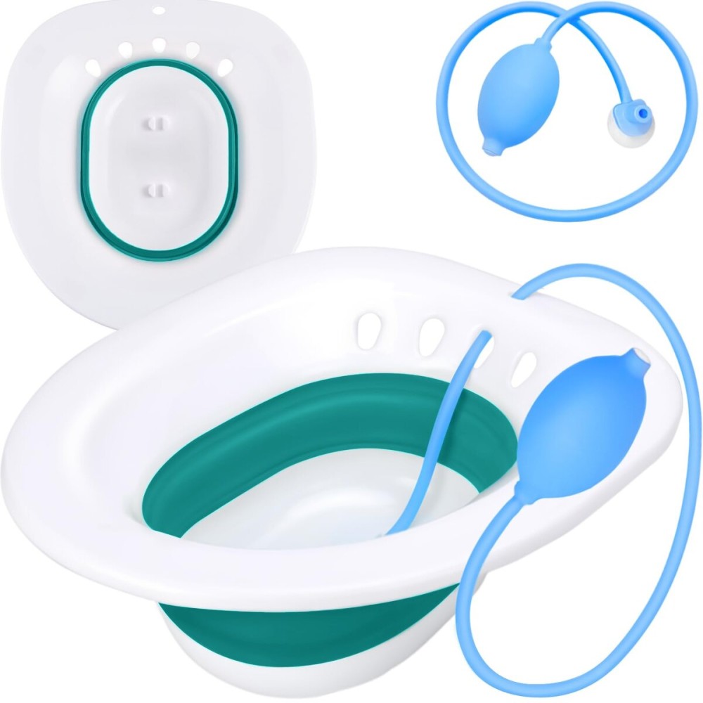 Pochik Sitz Bath for Toilet Seat Hemorrhoids and Postpartum Care, Yoni Steam Seat, Perineal Soaking, Collapsible, Flusher Hose, Drain Holes, Wider Seating Area - Green