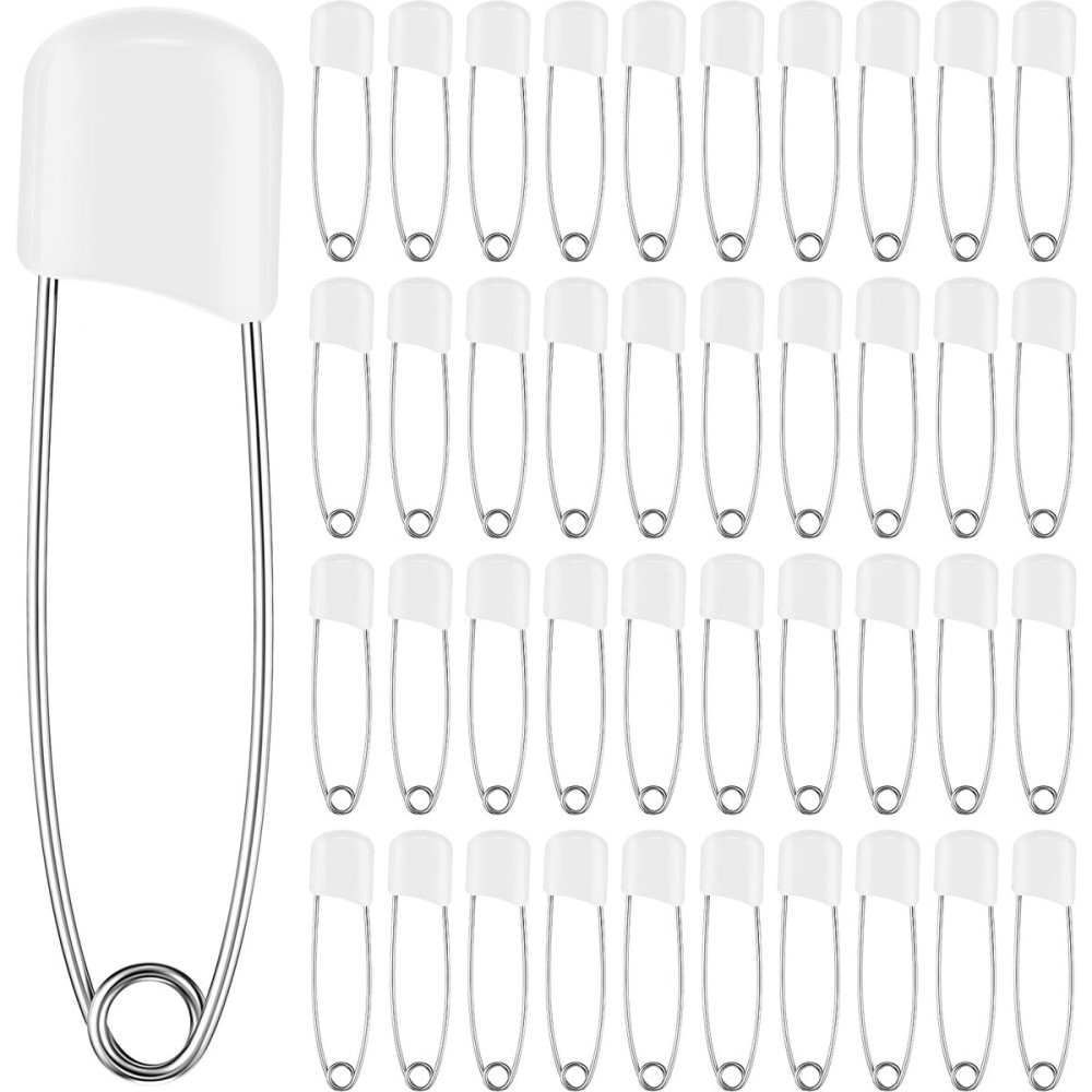 WILLBOND 100 Pcs Diaper Pins Safety 2.2 Inch Plastic Head Cloth Diaper Nappy Pins with Locking Closures Stainless Steel with Velvet Bag (White)