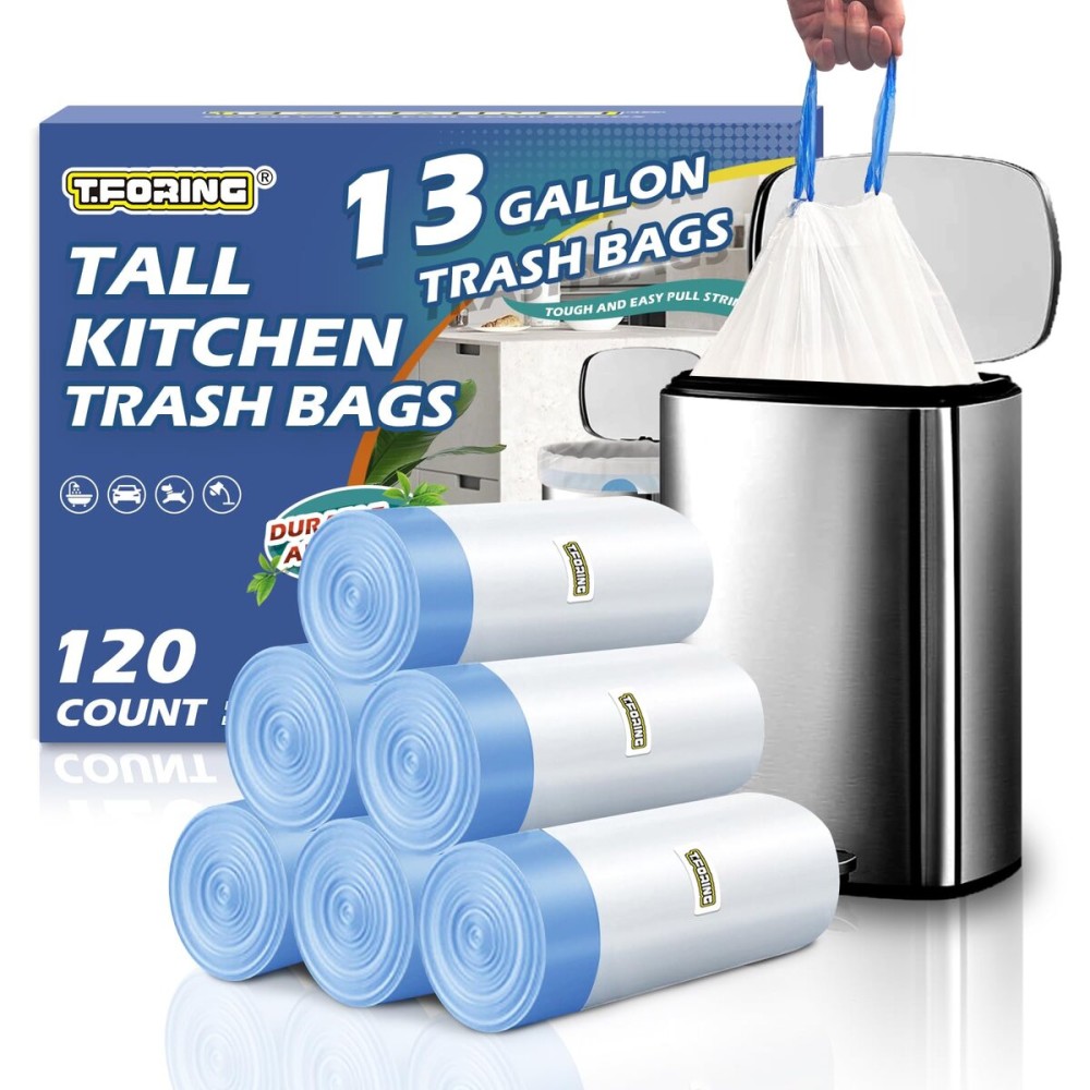 T.FORING 13 Gallon Trash Bags Drawstring 120 Count, 1.7 Mil Thick White Garbage Bags, Easy-Dispense Roll for Kitchen & Household Use, Resists Tears, Leaks and Punctures