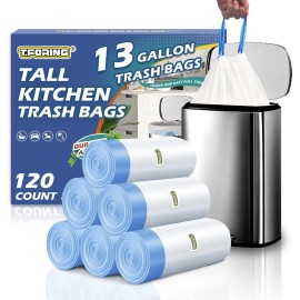 T.FORING 13 Gallon Trash Bags Drawstring 120 Count, 1.7 Mil Thick White Garbage Bags, Easy-Dispense Roll for Kitchen & Household Use, Resists Tears, Leaks and Punctures