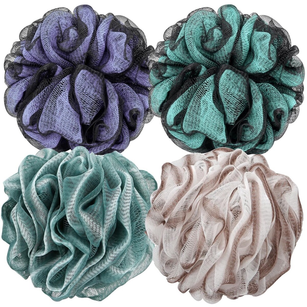 DadyMart Bath Shower Loofah Sponge 60g Bath Mesh Pouf Shower Ball Body Scrubber Exfoliating Bath Sponge for Women and Men, Set of 4, Colorful Grey