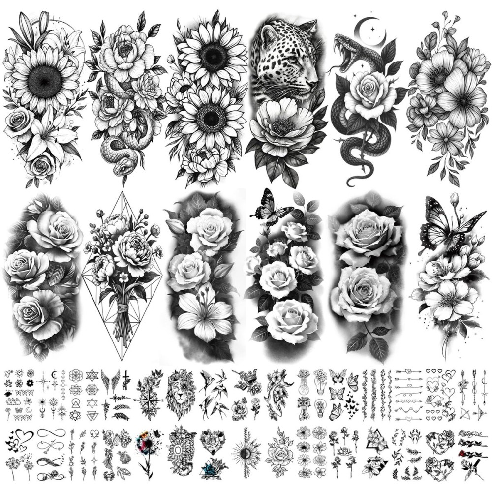 Yazhiji 92 Sheets Flower Temporary Tattoos For Women Arm NeckSunflower Serpent Peony Floral Rose Long Lasting Fake Tattoos For Adults Girl, Large Sexy Flowers Collection Waterproof Temporary Tattoos