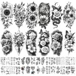 Yazhiji 92 Sheets Flower Temporary Tattoos For Women Arm NeckSunflower Serpent Peony Floral Rose Long Lasting Fake Tattoos For Adults Girl, Large Sexy Flowers Collection Waterproof Temporary Tattoos