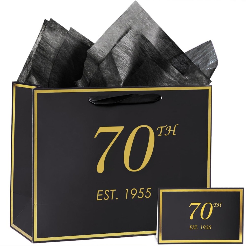 momoake 70th Birthday Gift Bag with Card and Tissue Paper for Men Women, 1955 70 Year Old 13 Elegant Black Gold Anniversary Keepsake Party Present Shopping Paper Bags for Gifts Wrapping