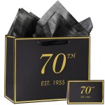 momoake 70th Birthday Gift Bag with Card and Tissue Paper for Men Women, 1955 70 Year Old 13 Elegant Black Gold Anniversary Keepsake Party Present Shopping Paper Bags for Gifts Wrapping