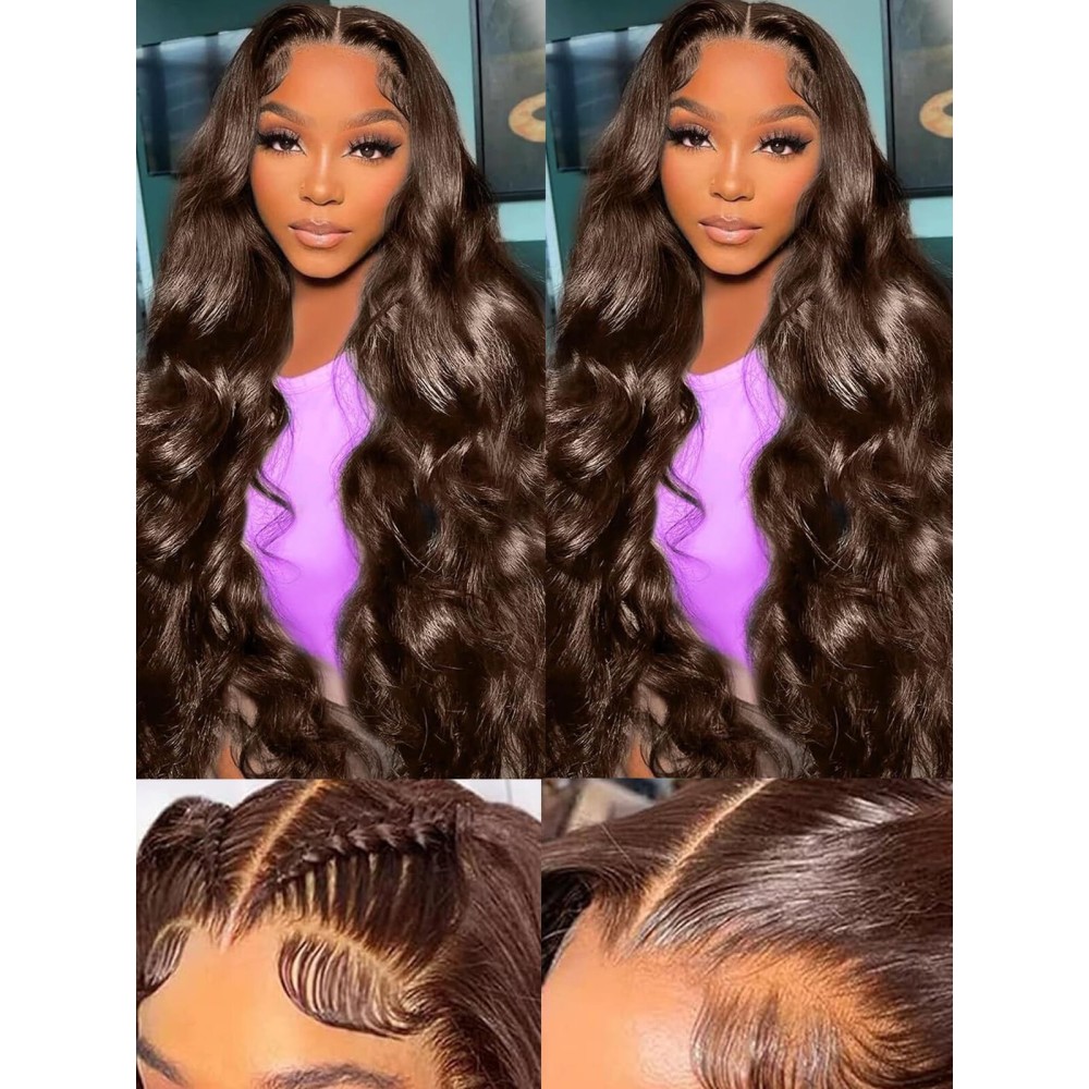 Fongly 13x6 Lace Front Wig Human Hair 18 Inch Body Wave Chocolate Brown Glueless HD Transparent Lace Frontal Wigs for Women 200 Density