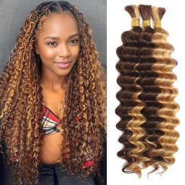 Human Braiding Hair for Boho Braids Human Hair 3 Bundles/Pack 110g 16 Inch Deep Wave Bulk Human Hair for Braiding Curly Knotless 12A Brazilian Virgin Ombre Balayage