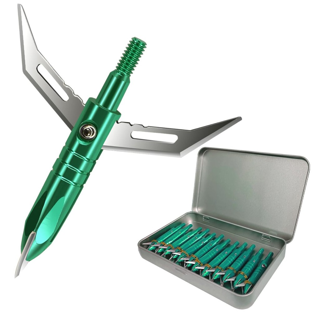 e5e10 12pcs Hunting Broadheads 100 Grain Archery Broadheads 420 Stainless Steel Higher Hardness 2-Blades + 1 pc Broadhead Case for Arrowheads (Green)