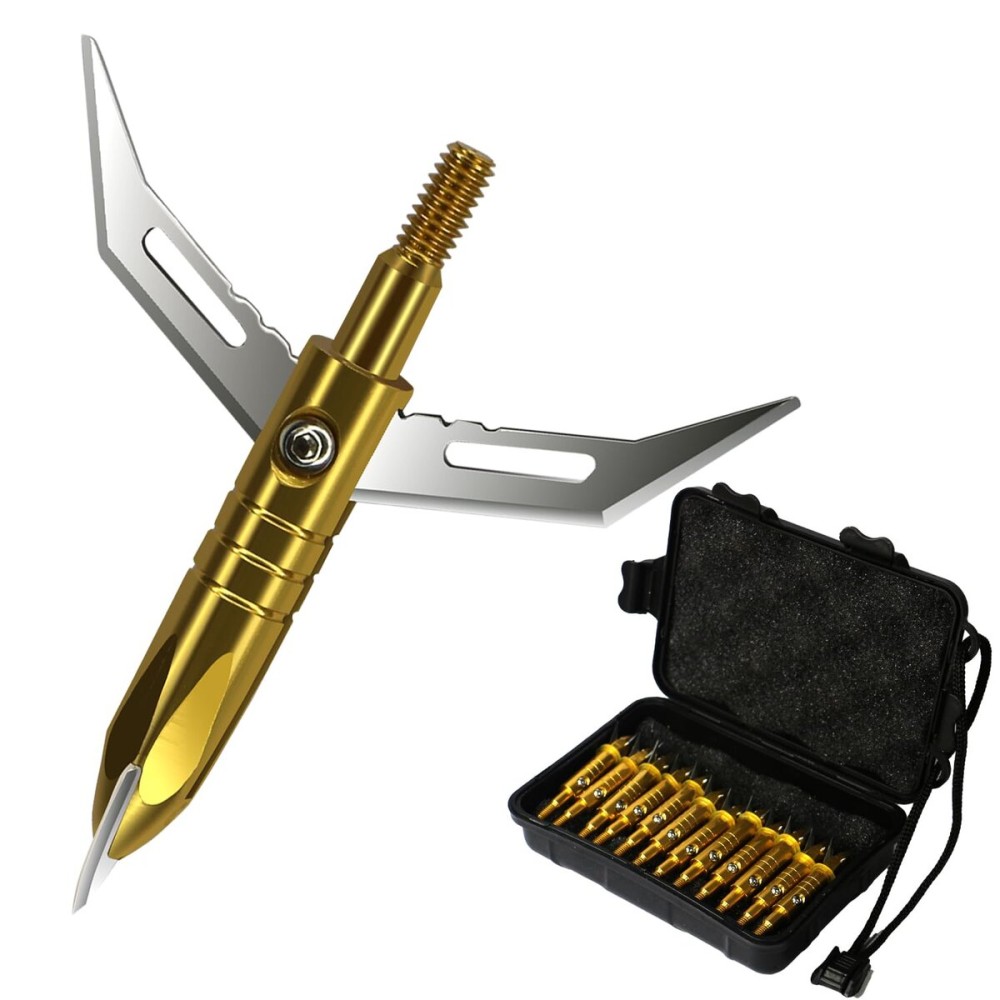 e5e10 12pcs Hunting Broadheads 100 Grain Archery Broadheads 420 Stainless Steel Higher Hardness 2-Blades + 1 pc Broadhead Case for Arrowheads (Golden1)