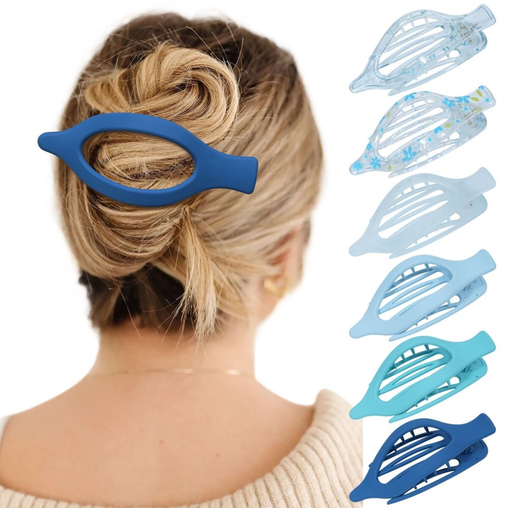 French Flat Hair Clips for Women - 6Pcs Flat Hair Claws for Thin Thick Hair Strong Hold No Slip Grip Hair Claw Clips for Women Girls (Flower (Blue))