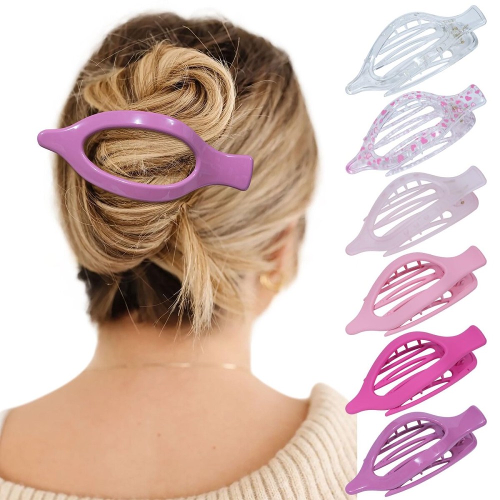 French Flat Hair Clips for Women - 6Pcs Flat Hair Claws for Thin Thick Hair Strong Hold No Slip Grip Hair Claw Clips for Women Girls (Flower (Pink))