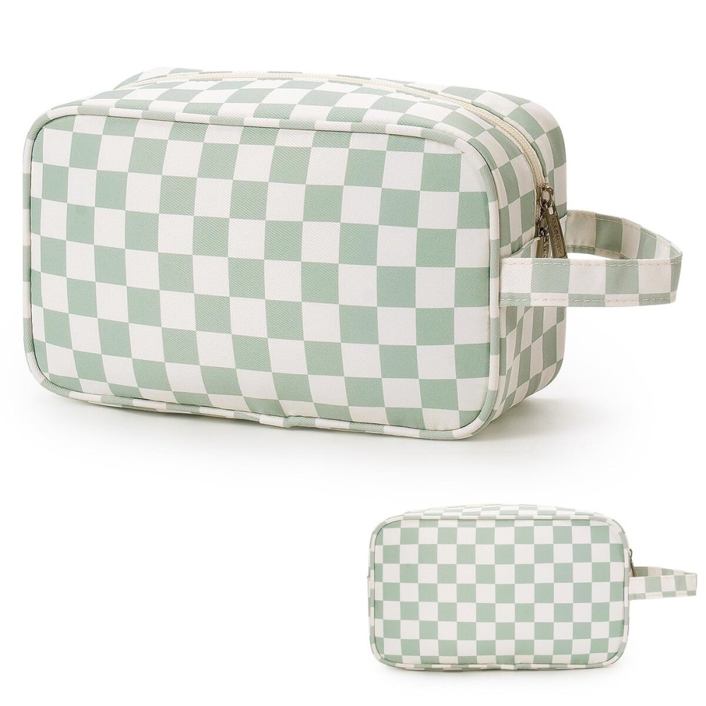 Narwey Travel Toiletry Bag for Women Traveling Dopp Kit Travel Bag for Toiletries Cosmetic Bag Makeup Bag Medicine Bag for Traveling (Mint Green Checkerboard)