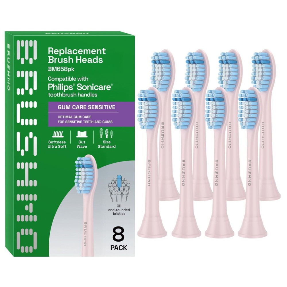 Brushmo Gum Care Sensitive Replacement Toothbrush Heads, Compatible with Philips Sonicare Click-on Toothbrush Handles, 8 Standard Heads, Extra Soft Dupont Bristles for Sensitive Teeth, BM658, Pink