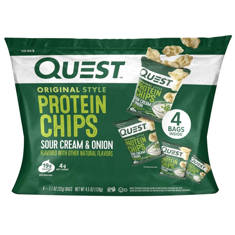 Quest Nutrition Sour Cream & Onion Protein Chips, 19g Protein, 4g Net Carbs, Low Carb, Gluten Free, 1.1 oz, 4 count