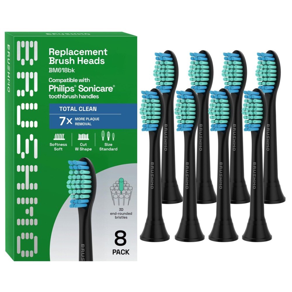 Brushmo Total Clean Replacement Toothbrush Heads, Compatible with Philips Sonicare Click-on Electric Toothbrush Handles, 8 Standard Replacement Heads, Soft Dupont Bristles, BM618, Black