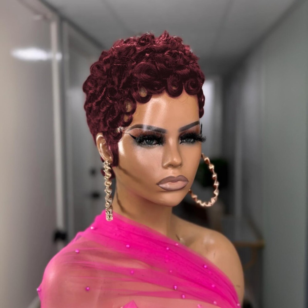 QiaQiaRing Short Layered Pixie Cut Wig Human Hair Wear and Go Glueless Pixie Cut Curly Human Hair Wigs With Bangs for Women Full Machine Made None Lace Front Wigs Dark 99J Color for Daily Use