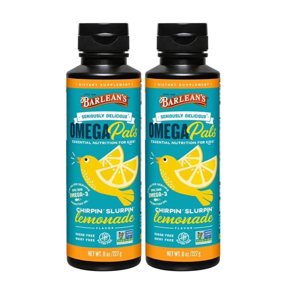 Barlean\'s Omega 3 Fish Oil Liquid Supplement for Kids, 540 mg of EPA and DHA Fatty Acid for Brain & Eye Health, Chirpin\' Slurpin\' Lemonade, 8 oz, 2 Pack