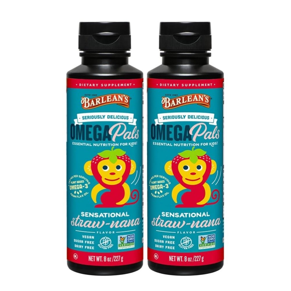 Barlean\'s Omega 3 Flaxseed Oil Liquid Supplement for Kids, Flax Seed Oil with 1,483 mg ALA Fatty Acid for Brain & Eye Health, Vegan and Gluten Free, Straw-Nana Flavor, 8 oz, 2 Pack