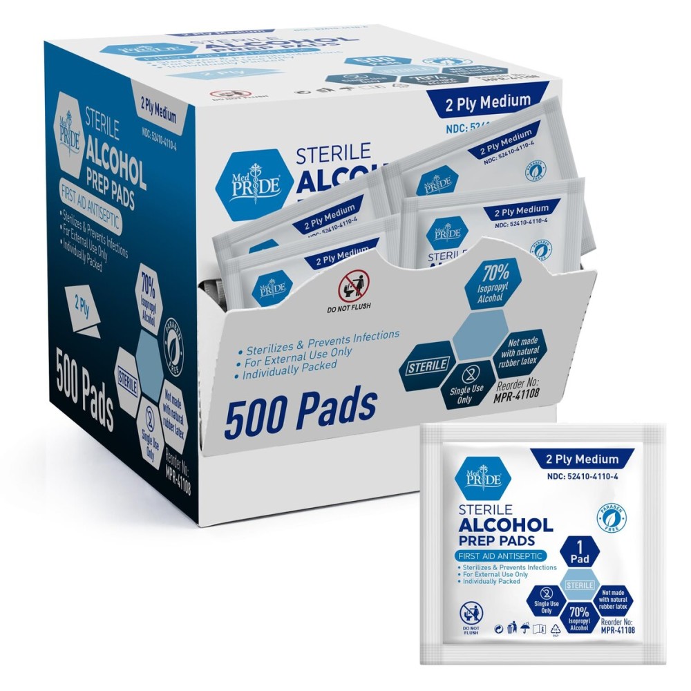 MED PRIDE Alcohol Prep Pads, Medical-Grade, Sterile, Individually-Wrapped, Medium Square Size, 2ply (500 Count (Pack of 1))